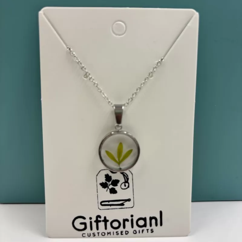 Zilverkleurige ronde hanger met geconserveerde groene blaadjes.