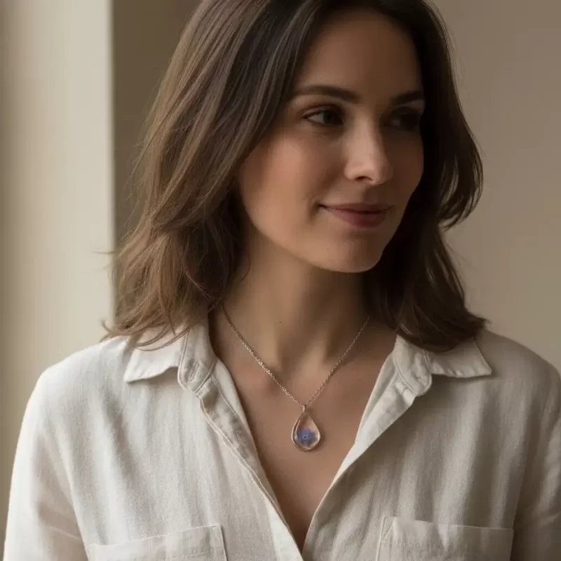 Macrofoto van een blauw vergeet-mij-nietje in een heldere, druppelvormige epoxyhars hanger.