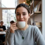 Huwelijksjubileumcadeau ketting met groene bladhanger Huwelijksjubileumcadeau ketting met groene bladhanger rond de hals van een glimlachende vrouw.
