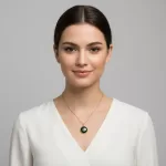 Valentijnscadeau ketting met ronde goudkleurige bloemen hanger gedragen rond de hals.