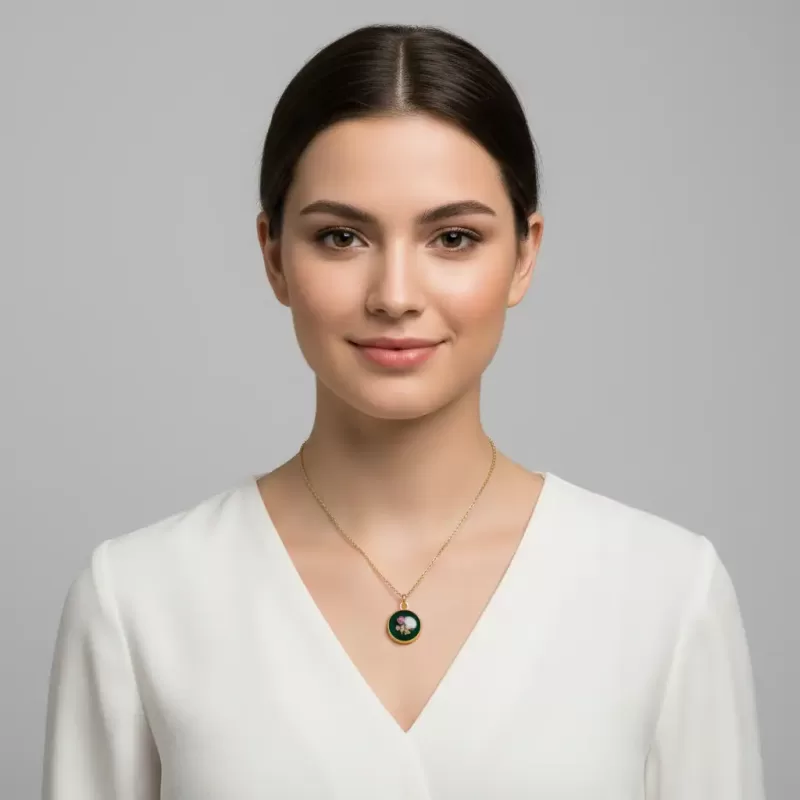 Valentijnscadeau ketting met ronde goudkleurige bloemen hanger gedragen rond de hals.