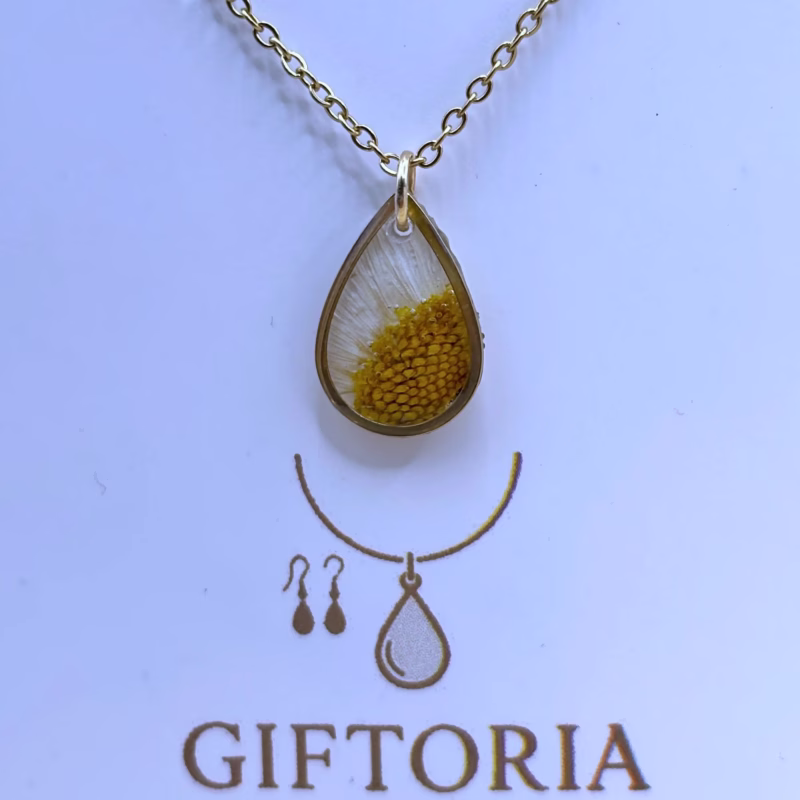 Handgemaakte gele kamille druppel hanger epoxy gouden ketting