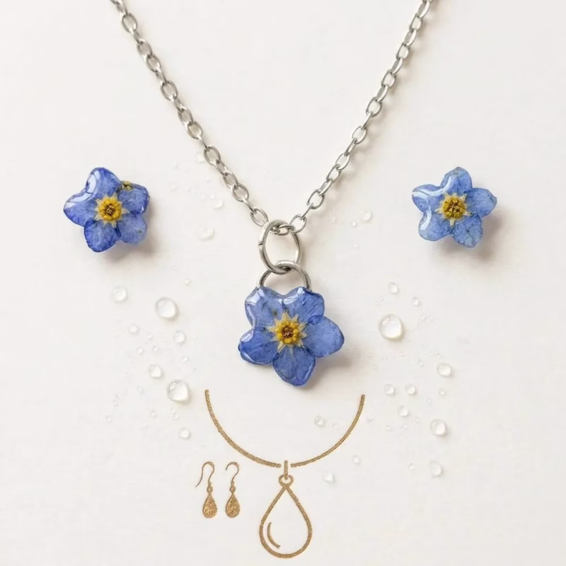 Vergeet-mij-niet Epoxy Sieraden Set Ketting en Oorbellen Handgemaakte vergeet-mij-niet sieraden set epoxy ketting oorbellen