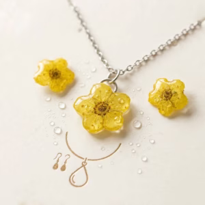 Handgemaakte gele bloem sieraden set epoxy ketting oorbellen