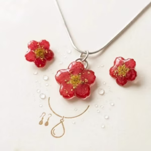 Handgemaakte rode bloem sieraden set epoxy ketting oorbellen